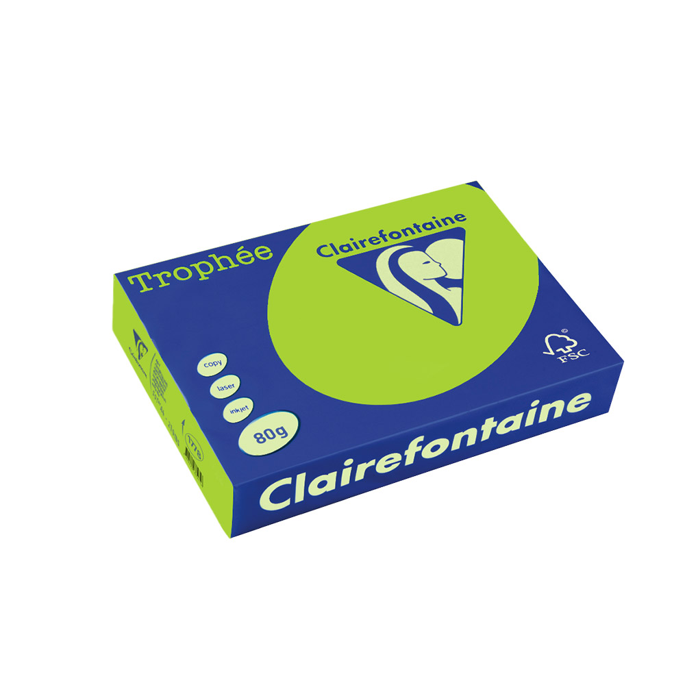 Хартия цветна Clairefontaine, А4, 80 гр./м2, Fluo Green Trophee - 100 бр.