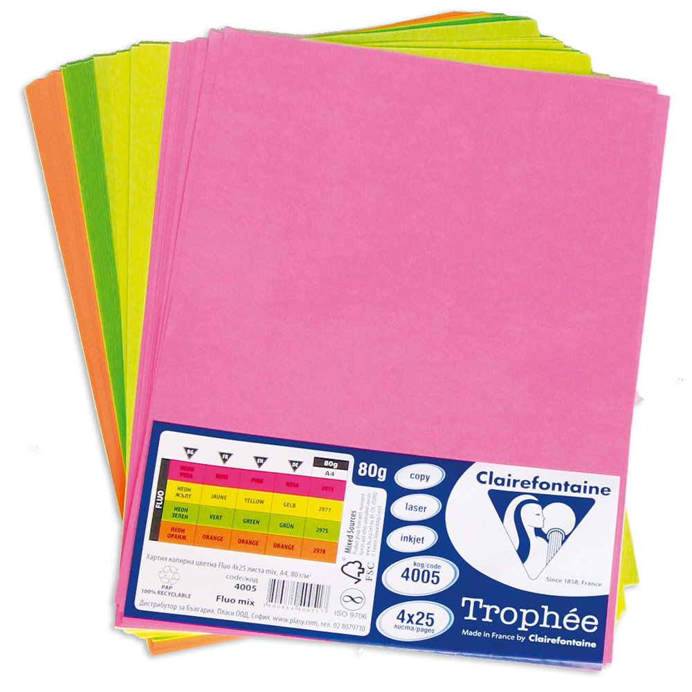 Хартия цветна Clairefontaine, А4, 80 гр./м2, Fluo 4х25 листа mix